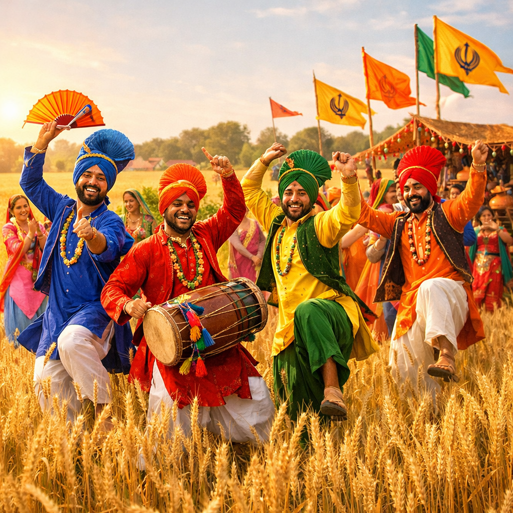 Men in colorful turbans and traditional attire performing Bhangra dance in a wheat field with festive flags.
