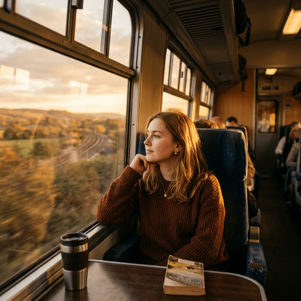 Woman in brown sweater looking out train window at sunset