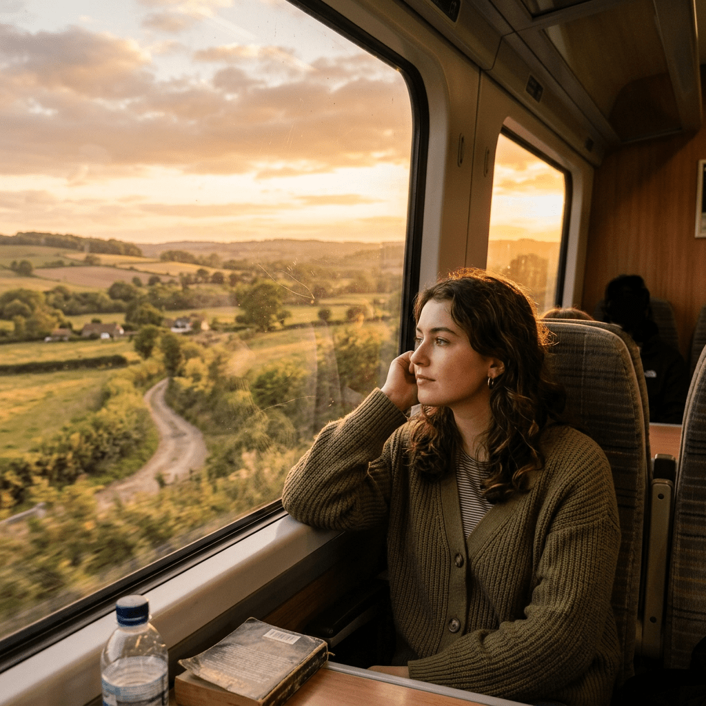 Young woman in green sweater looking out train window at countryside sunset