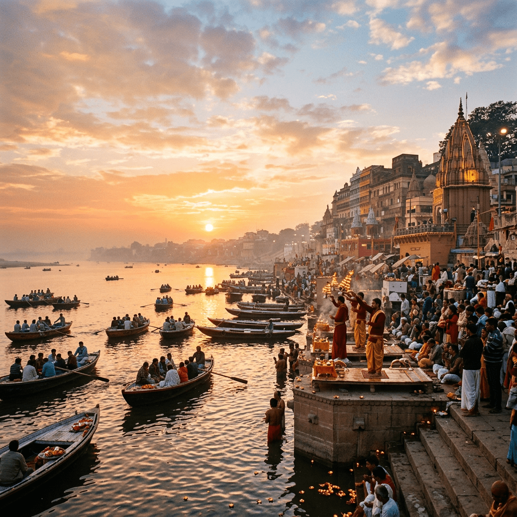 Devotees performing a sunset ritual on the ghats of the Ganges River with boats and a large crowd gathered
