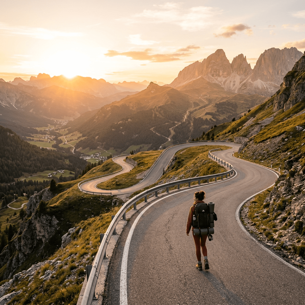 Hiker walking along a winding road in mountainous terrain during sunset