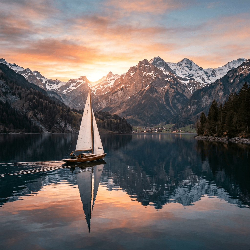 Sailboat on calm lake with snow-capped mountains reflecting in water at sunset