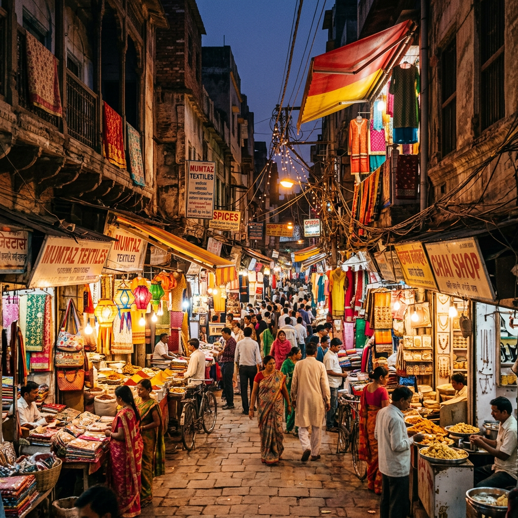 Busy Indian market street with colorful textiles, hanging lights, and people shopping at dusk