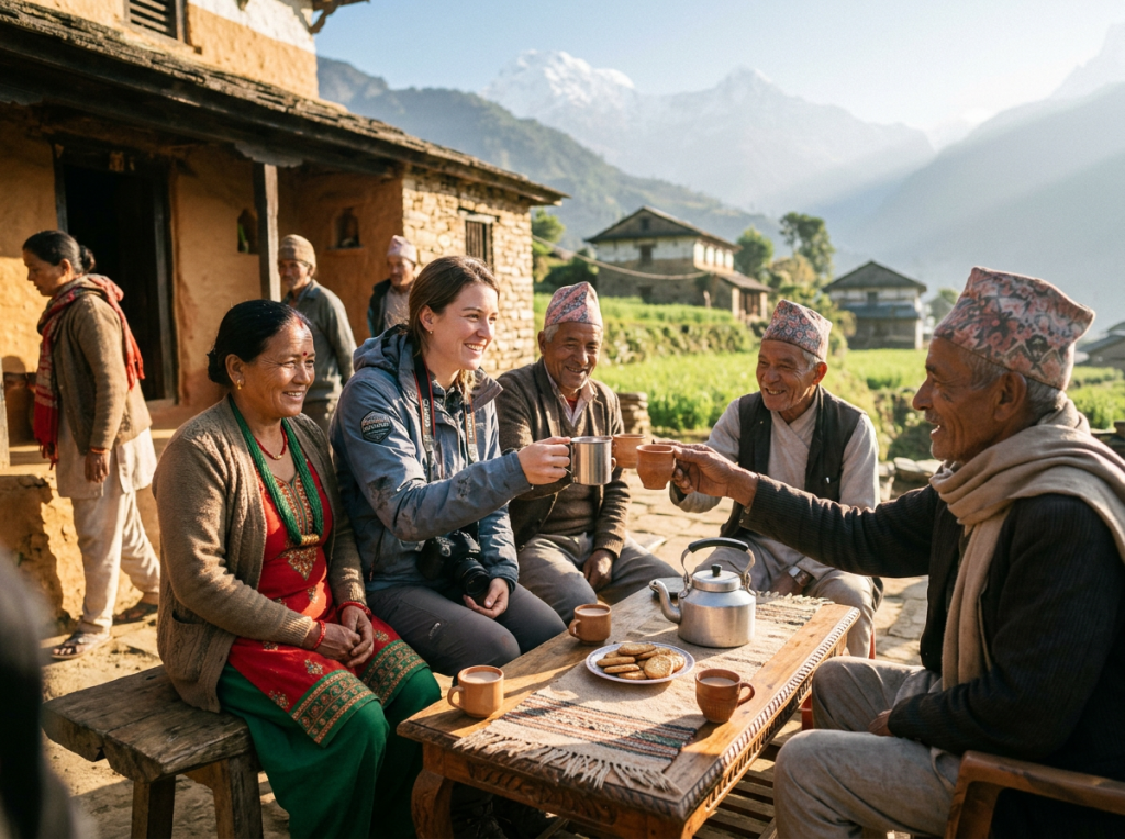 Group of people enjoying tea together at an outdoor table in a Nepalese village with mountains in background