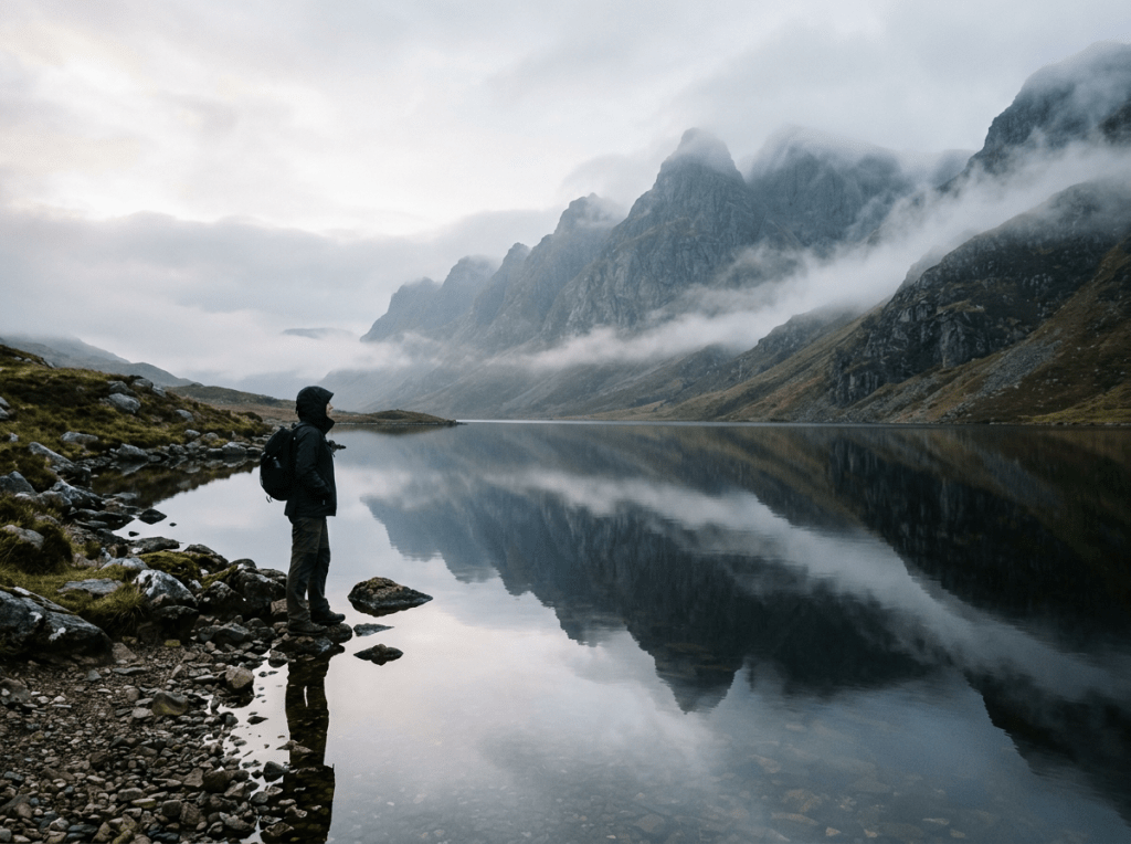 Hiker standing on rocky shore of lake with misty mountains reflected in the water