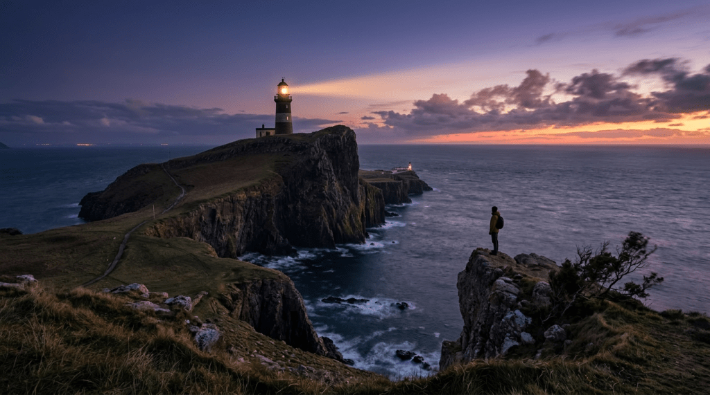 Person standing on rocky cliff overlooking ocean with illuminated lighthouse at dusk