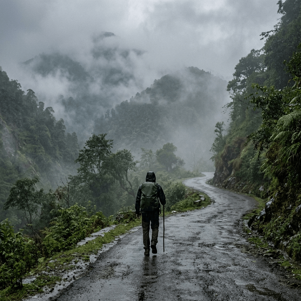 Person walking on wet mountain road with walking stick surrounded by mist and trees