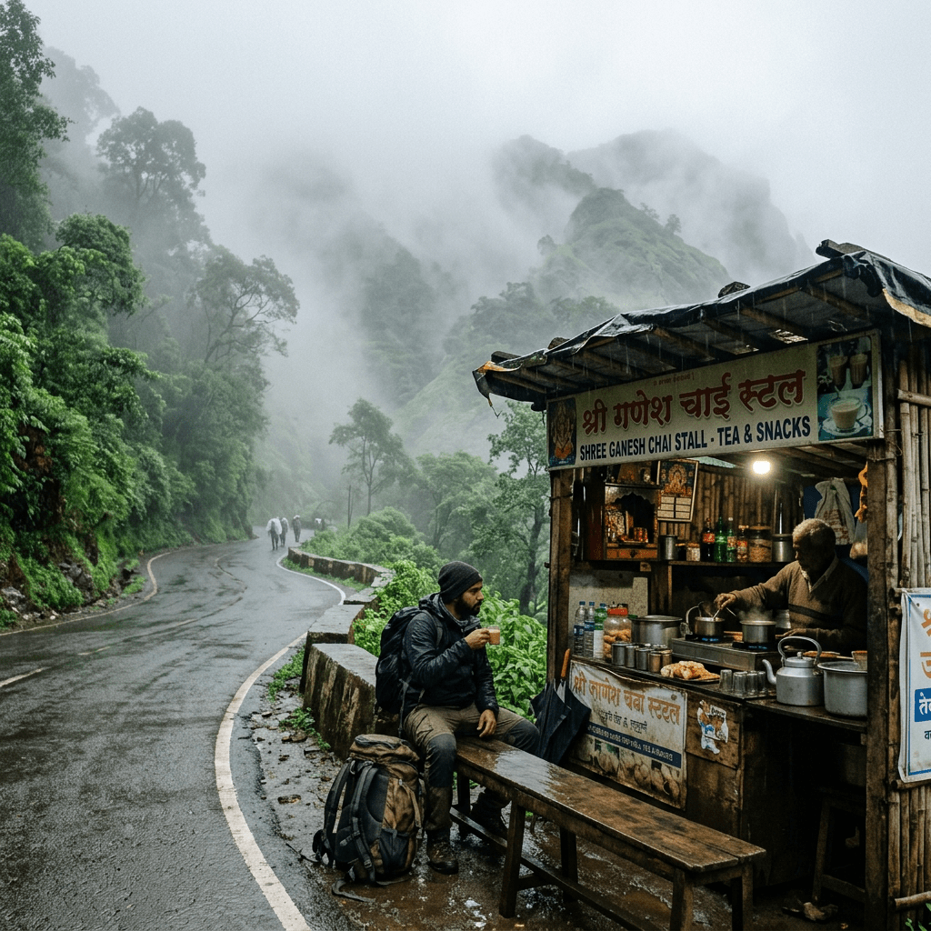 Traveler drinking tea at Shree Ganesh Chai Stall by misty mountain road