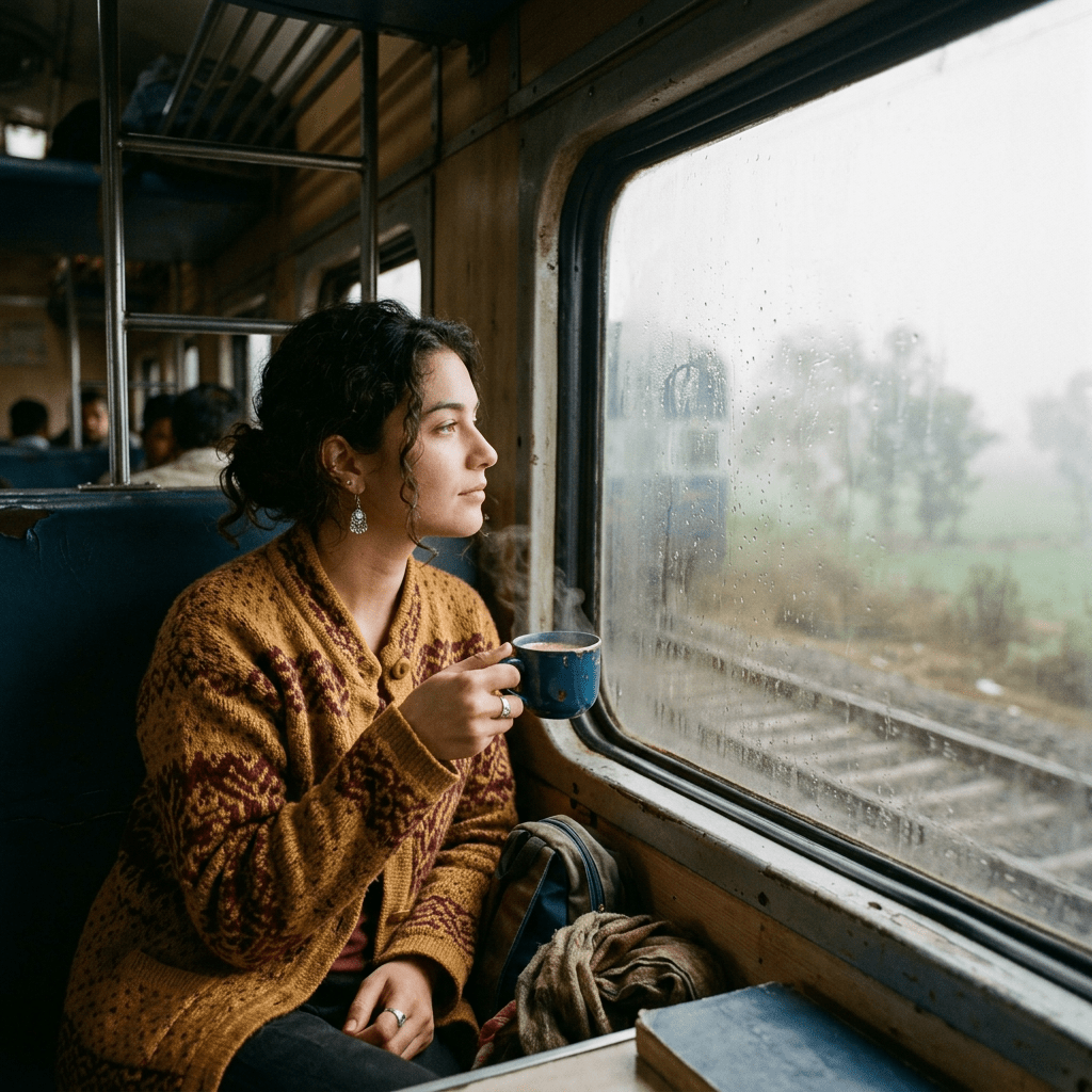 Woman holding blue mug looking thoughtfully out rain-speckled train window