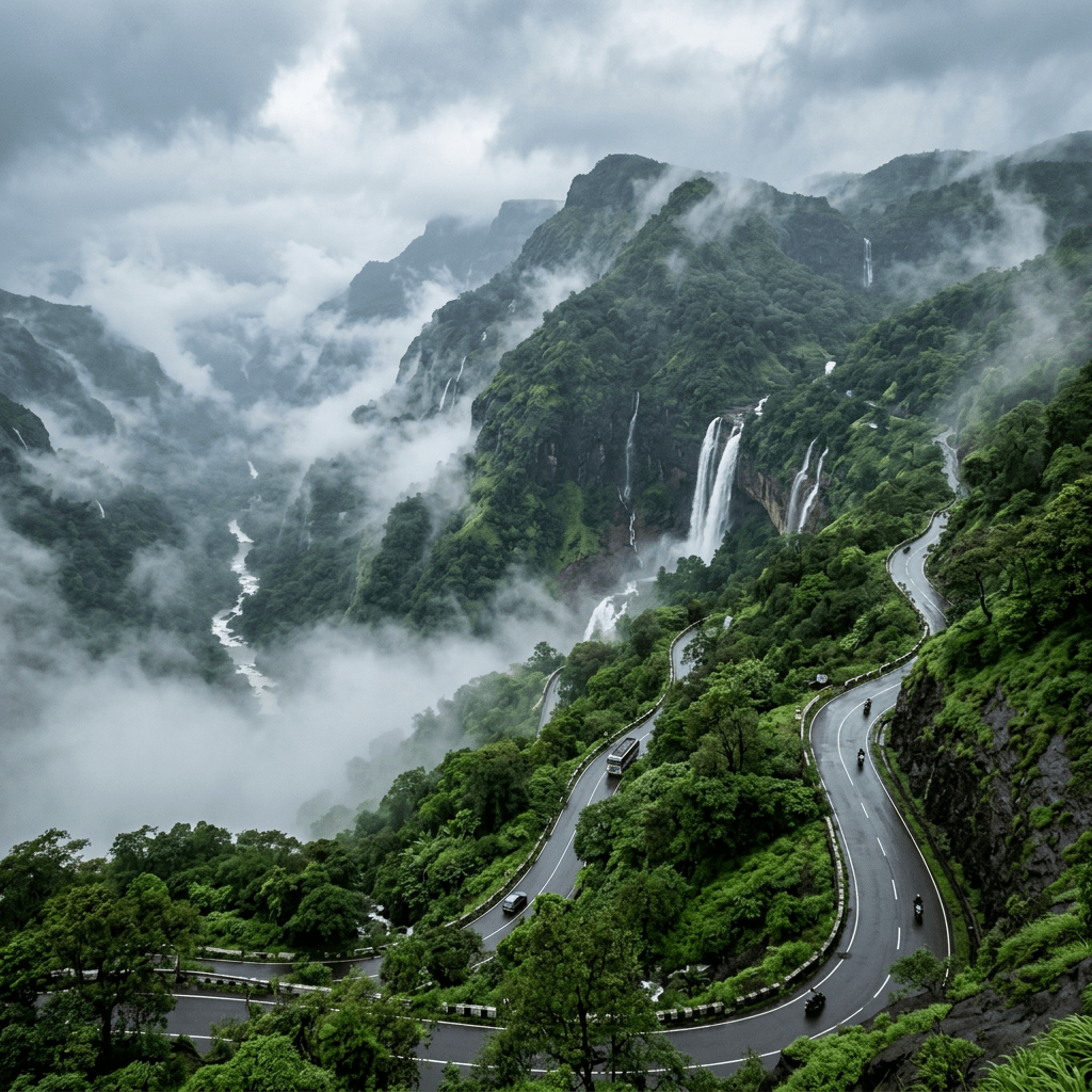 Curving mountain road surrounded by green trees and waterfalls in misty weather