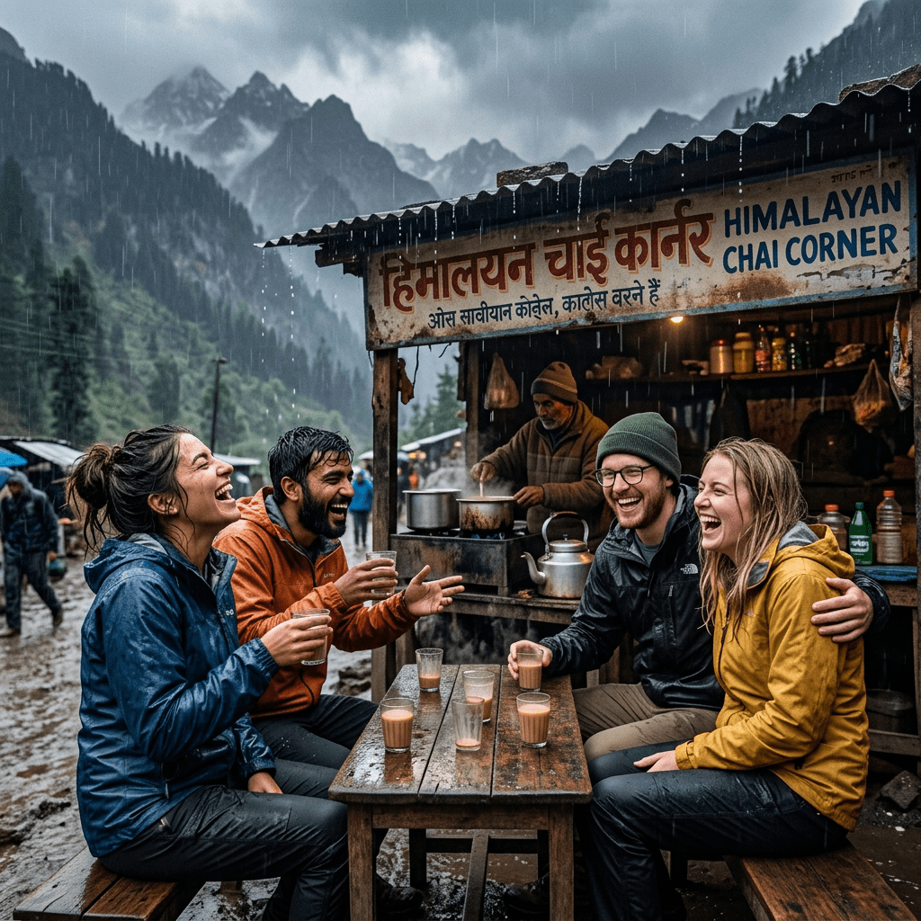 Four friends sitting together at a wooden table drinking chai outside a small mountain tea stall in the rain