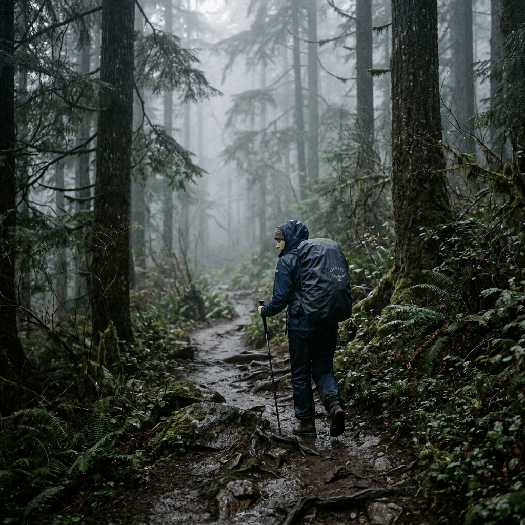 Hiker walking on wet forest trail with trekking poles and rain gear