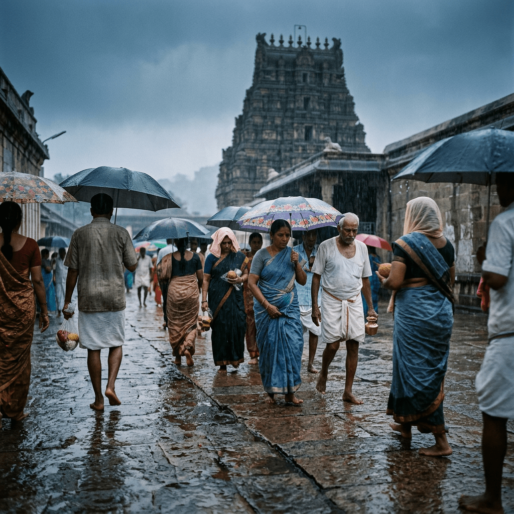 Devotees walking on wet stone path barefoot with umbrellas near a historic temple in rainy weather