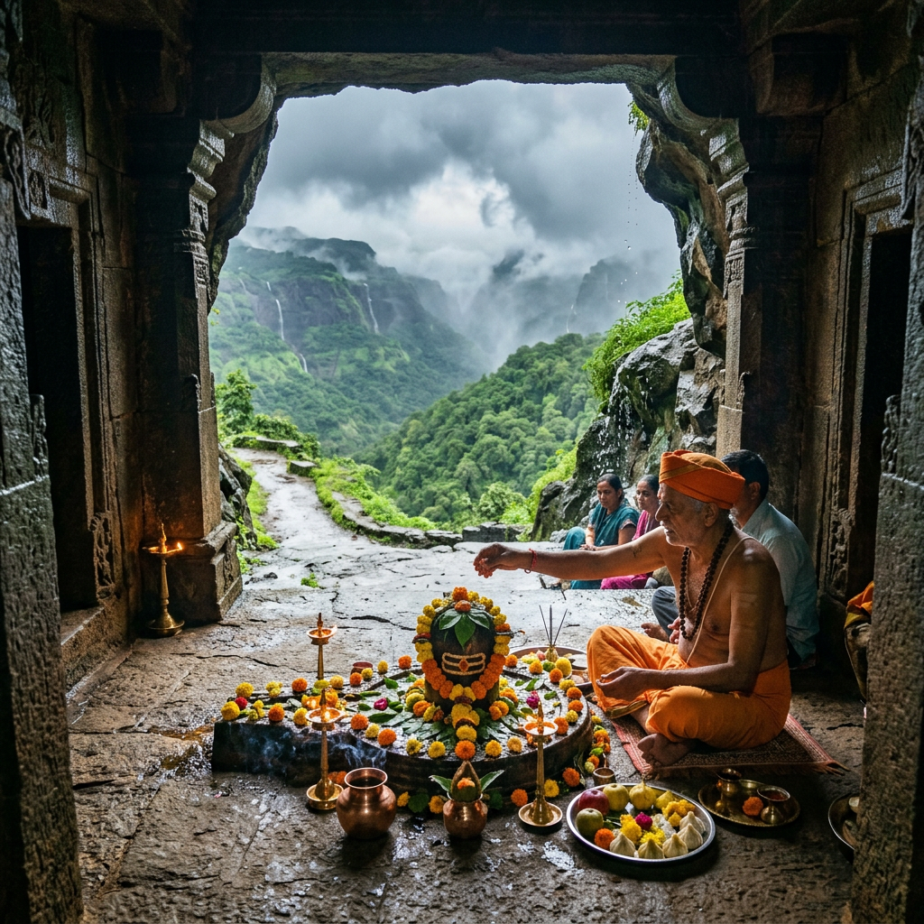 Maharashtra Shravan temple puja monsoon Sahyadri backdrop