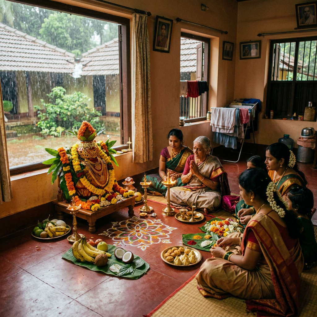 Karnataka Varalakshmi puja home monsoon scene