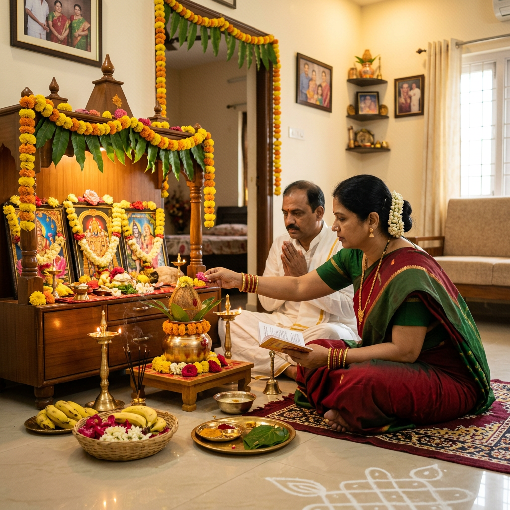 Andhra Telangana Shravan household puja scene