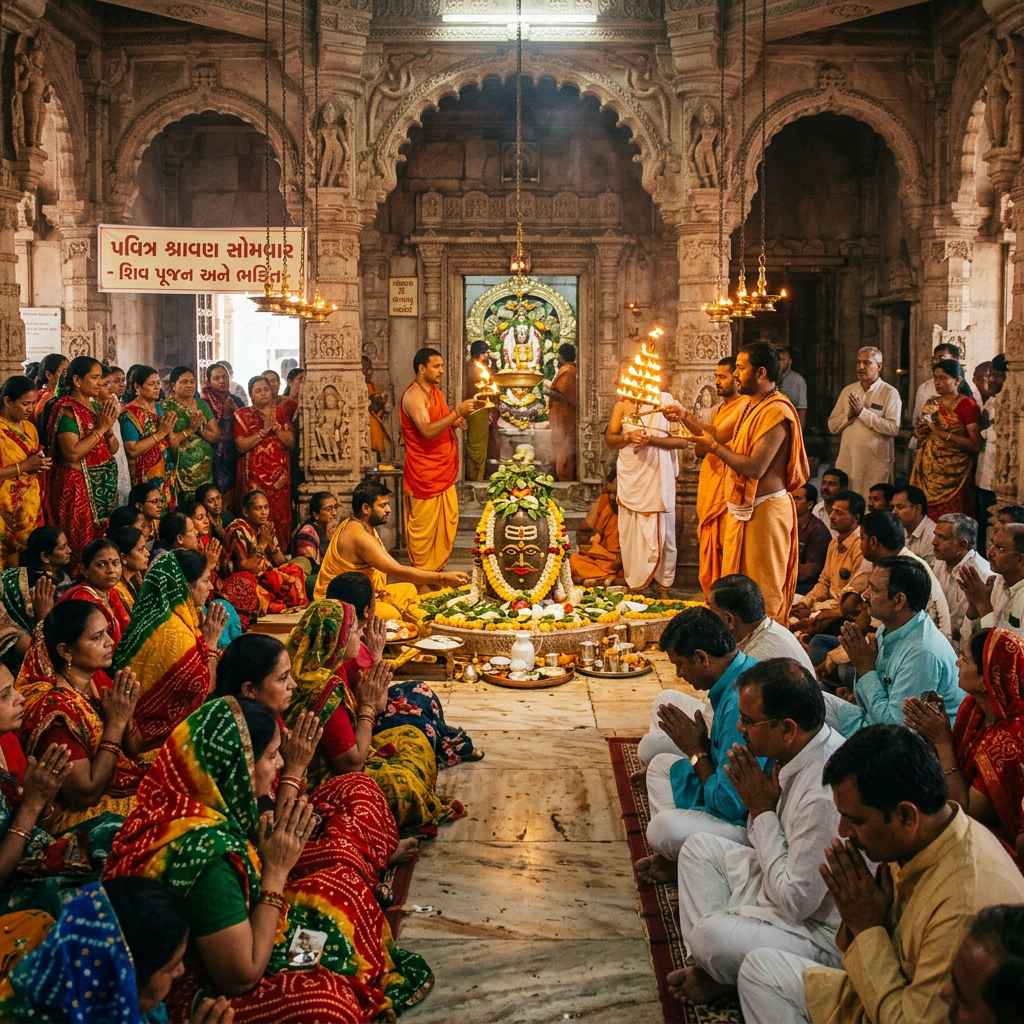 Gujarat Shravan Somvar temple prayer scene