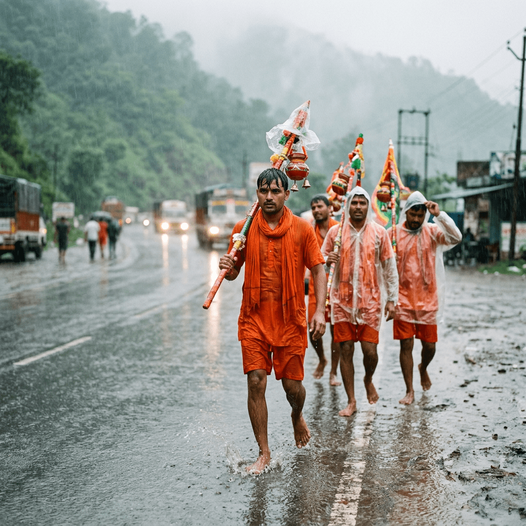 Four men walking barefoot on a wet road in the rain carrying decorated staffs