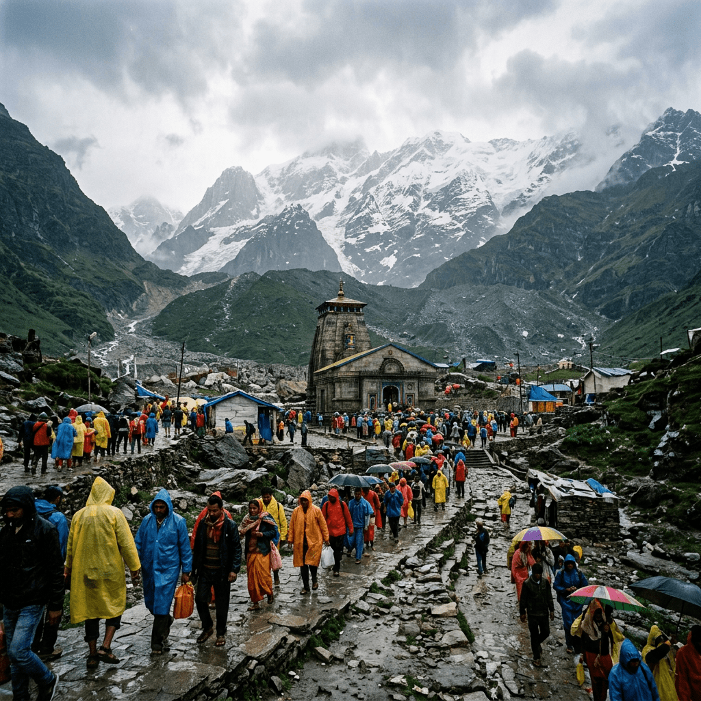 People wearing colorful raincoats and carrying umbrellas walking around Kedarnath Temple with snow-capped mountains in the background