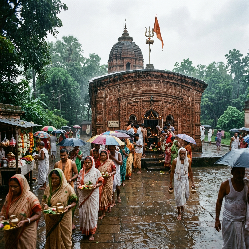 Bengal Shiva temple rainy Shravan morning devotees