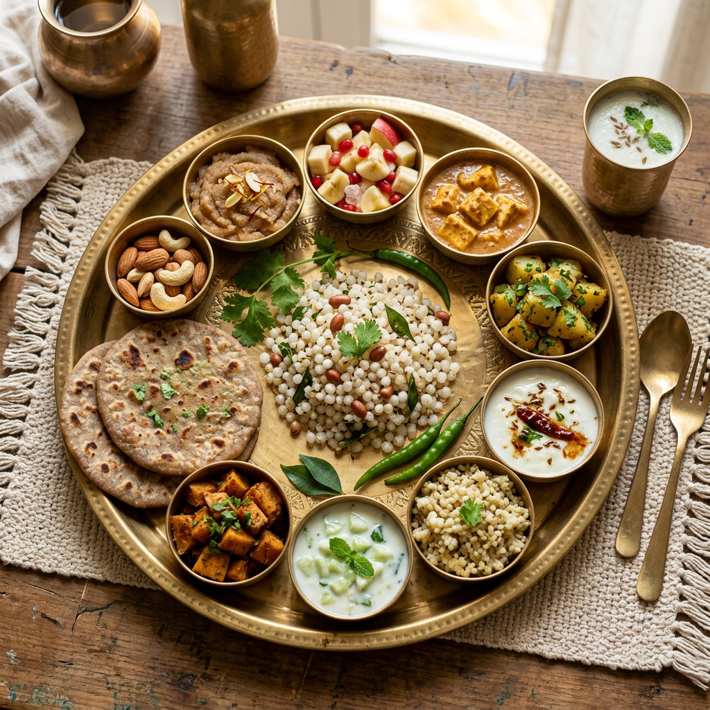 Brass platter with Indian snacks, bread, yogurt, curry, and nuts arranged around a pile of sabudana.