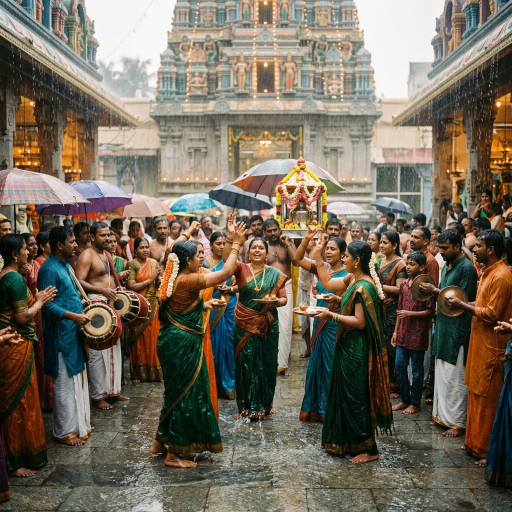 Group of people in traditional attire performing a Hindu temple ritual under umbrellas in the rain