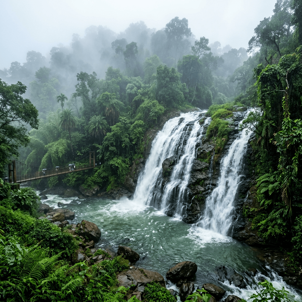 Waterfall cascading through misty rainforest beside a pedestrian bridge