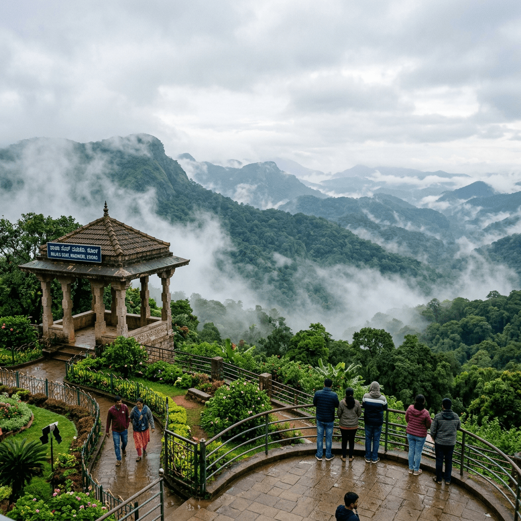 Visitors overlooking misty green mountains from a garden viewpoint