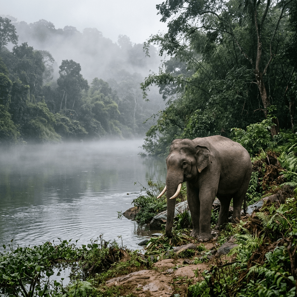 Asian elephant standing beside a misty rainforest lake