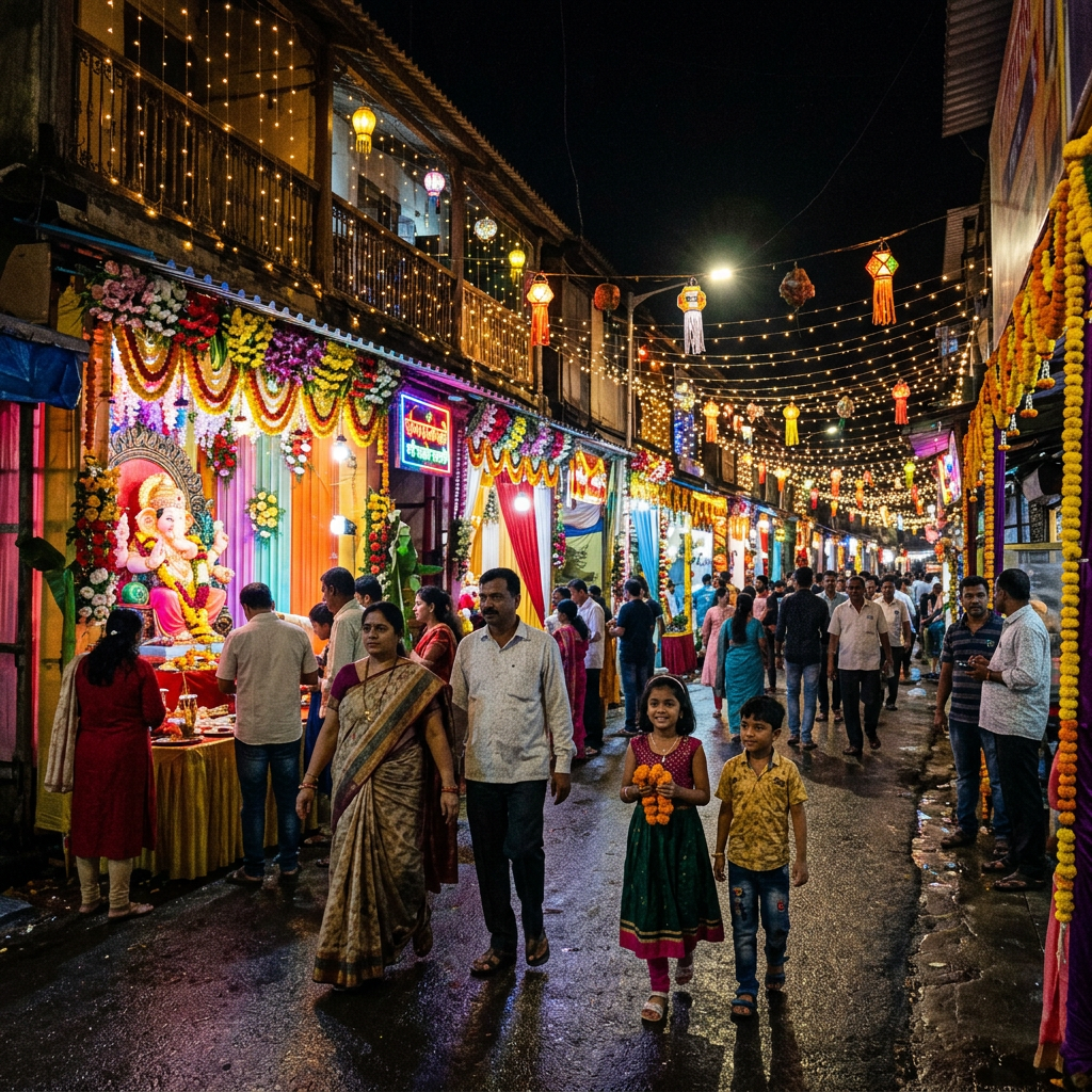 Mumbai Ganesh Chaturthi lane with glowing mandals