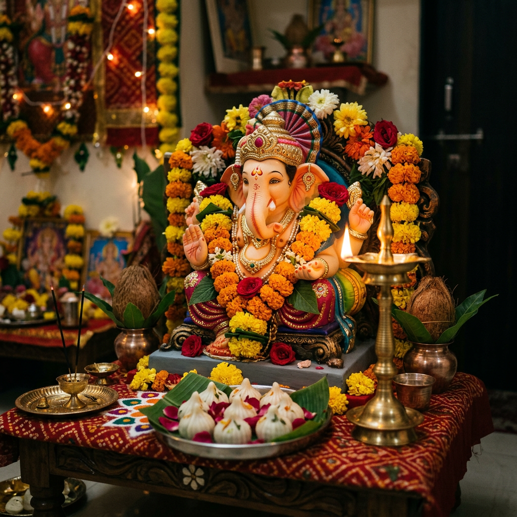 Intimate decorated Ganesha idol in Mumbai home