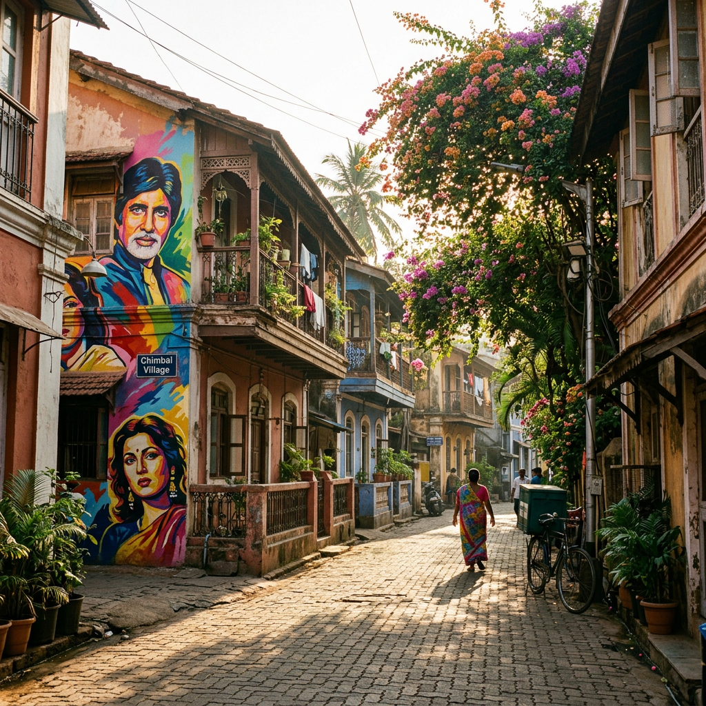Chimbal Village lane with colorful murals, pedestrians, and flowering bougainvillea