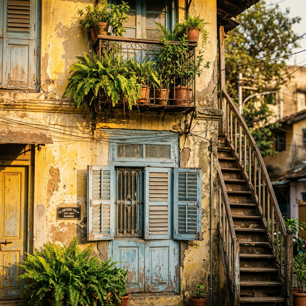 Weathered yellow villa with blue shutters, potted plants, staircase, and sign reading “St Anthony’s Villa, Est. 1668, Ranwar”