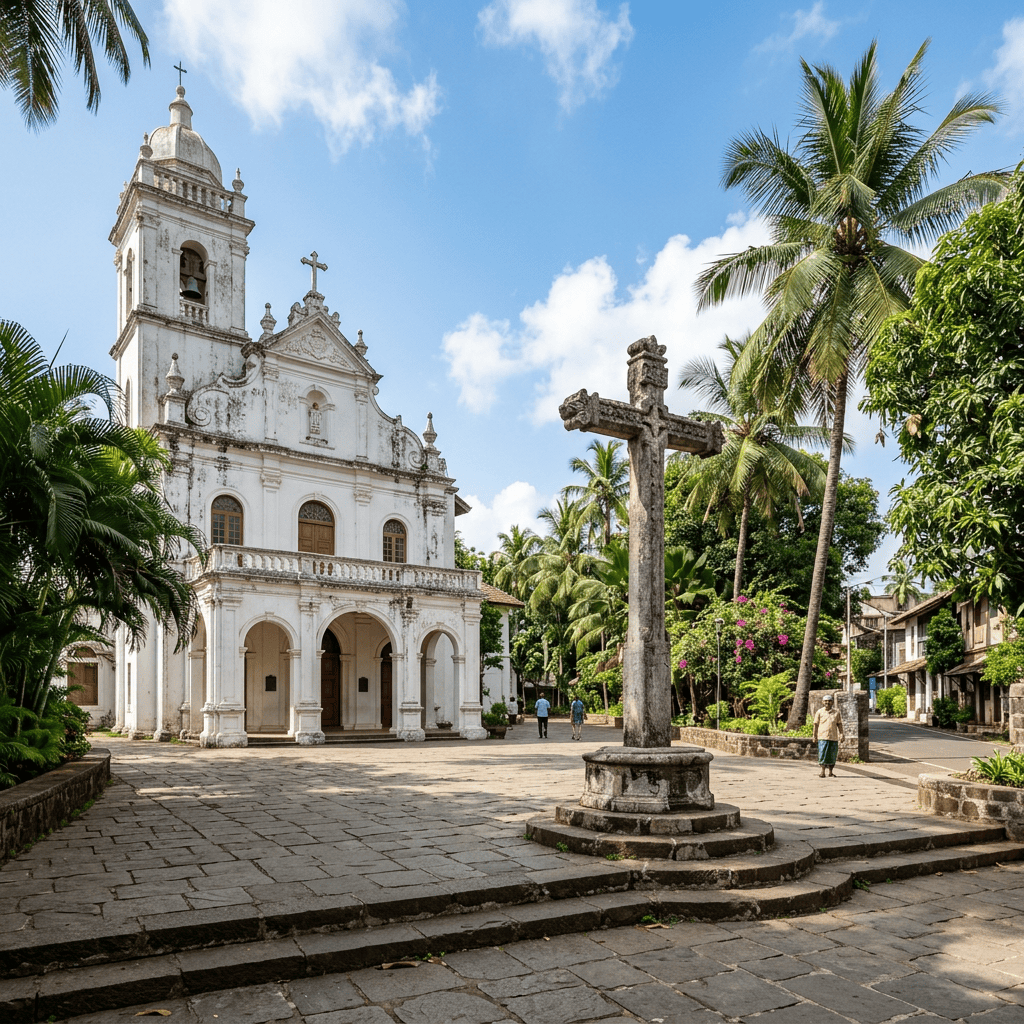 White historic church and stone cross in a tropical village square