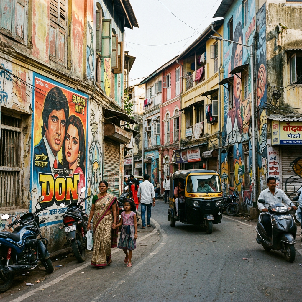 Busy Mumbai street with pedestrians, an auto-rickshaw, scooters, murals, and a Don film poster