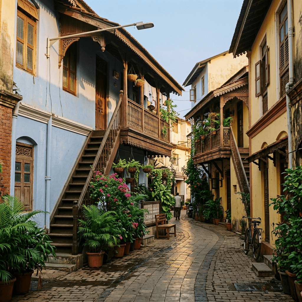 Narrow cobblestone lane lined with colorful historic homes and plants