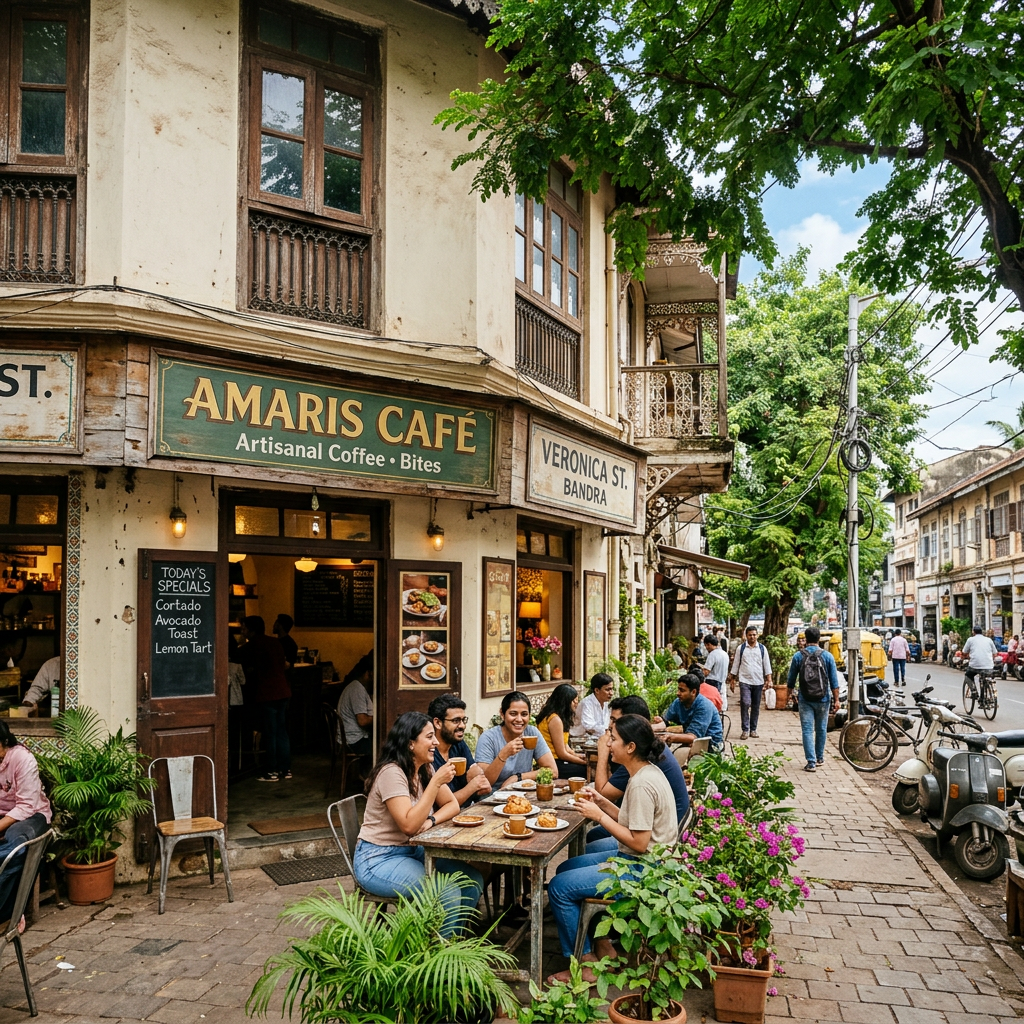 Amaris Café storefront with outdoor diners on Veronica Street, Bandra