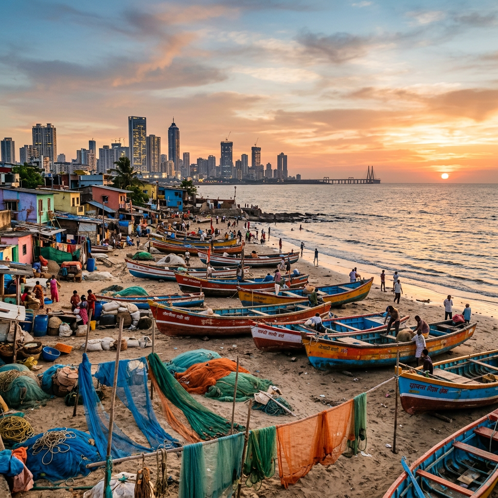 Fishing boats and nets on a beach with Mumbai skyline at sunset