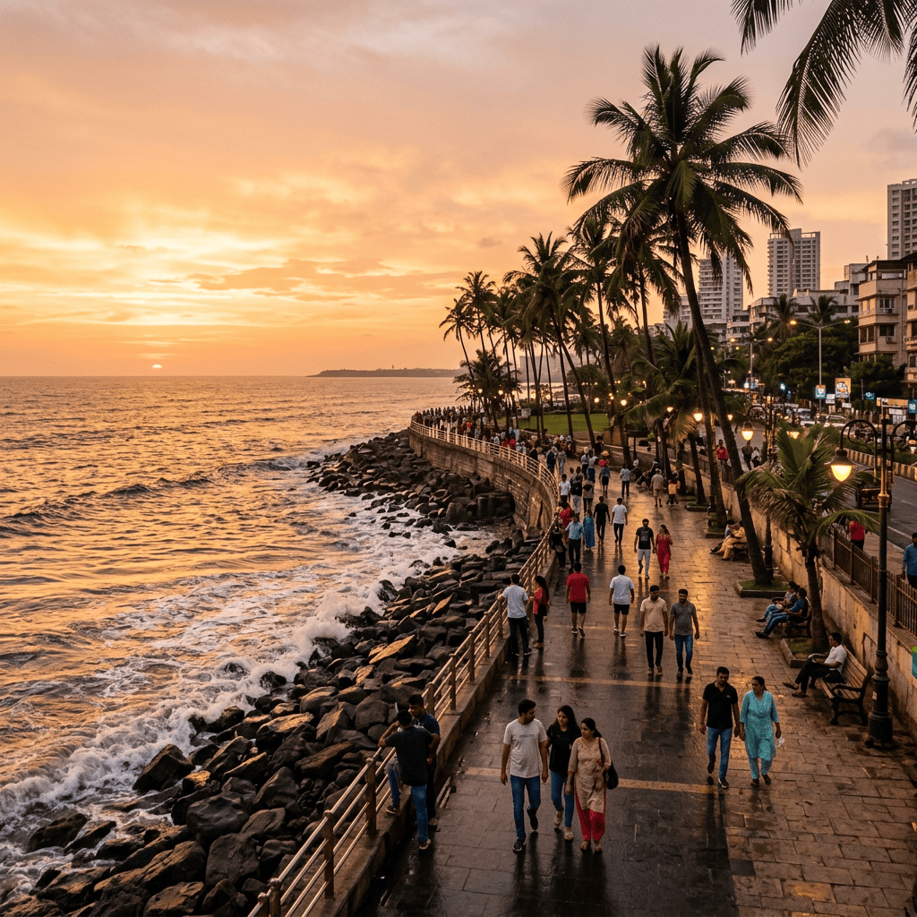 People walking along a palm-lined seaside promenade at sunset
