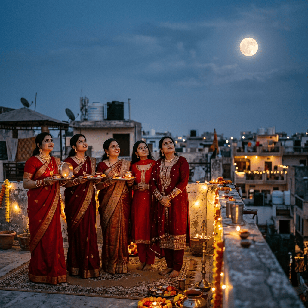 Five women in traditional Indian attire holding Diwali offerings on a rooftop