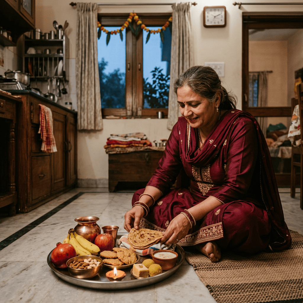 Woman arranging flatbreads on a festive offering tray at home