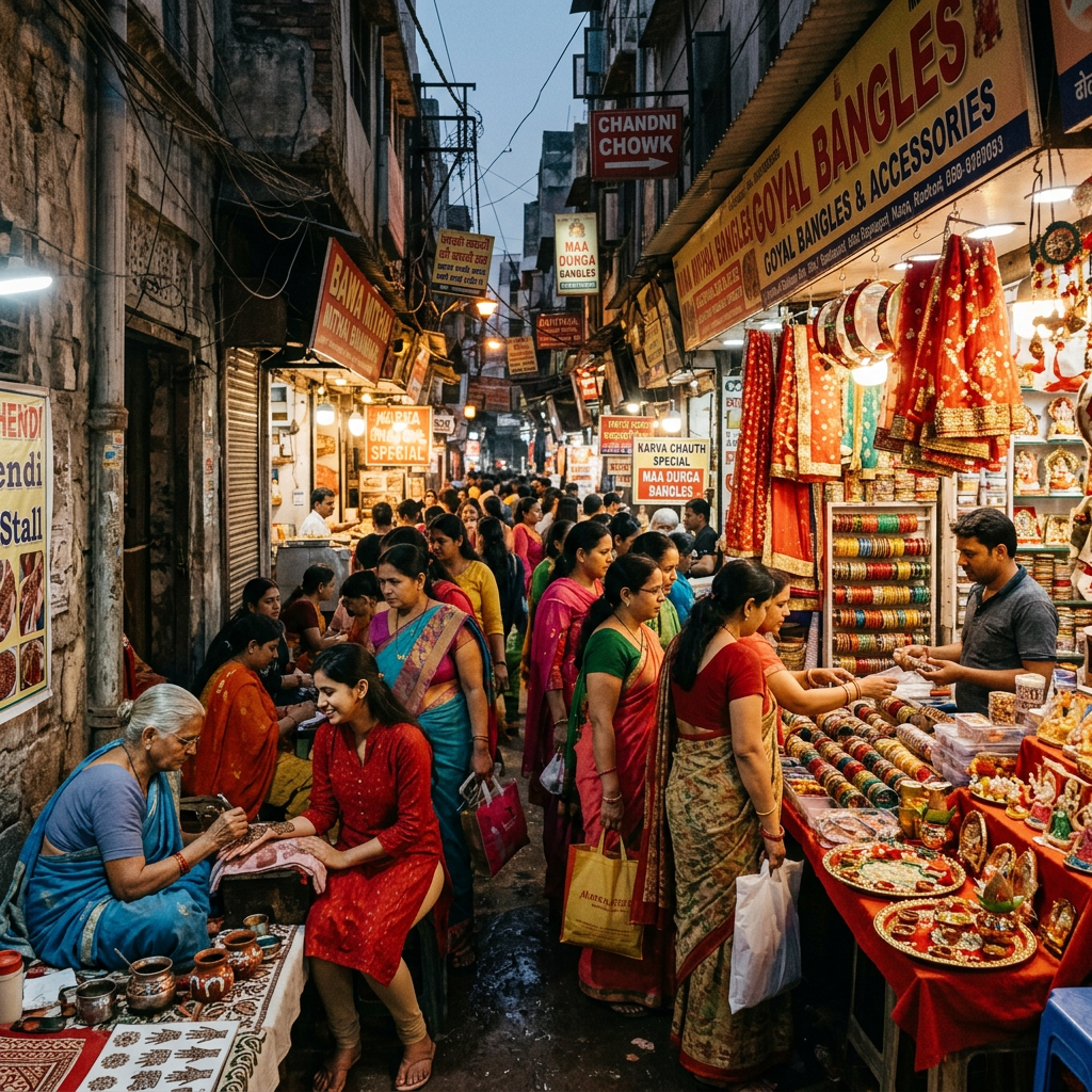 Crowded Chandni Chowk market with shoppers browsing bangles and festive clothing