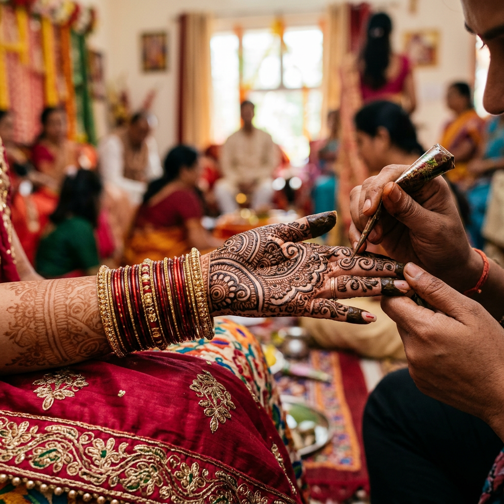 Artist applying intricate mehndi designs to a woman’s hand at a colorful ceremony