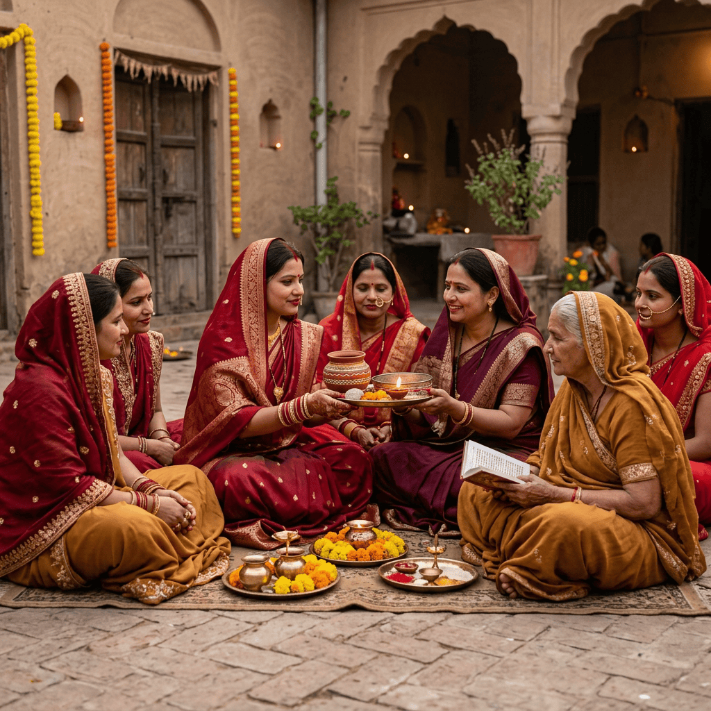 Women in colorful saris performing a traditional ceremony with flowers and lamps