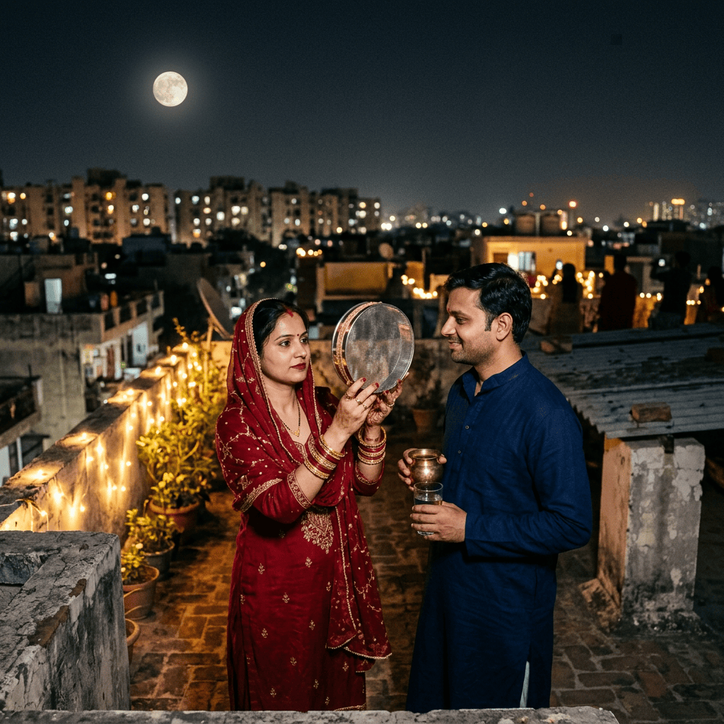 Woman holding a sieve toward the moon beside man on a rooftop
